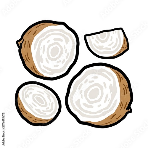 Wooden spools of beige and brown thread.