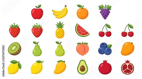 Colorful cartoon fruit and vegetable illustrations.