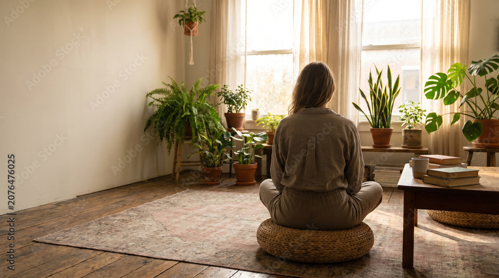 Fototapeta premium Woman meditating cross-legged on a floor cushion in a calm sunlit living room with plants