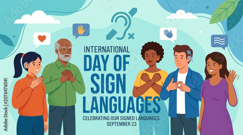 Diverse group of people celebrating International Day of Sign Languages with icons symbolizing communication and hearing, set against a soft green background