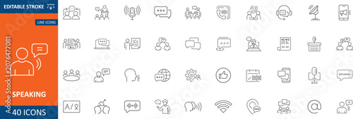Speaking icons set. Presentation, debate, talking, conversation, consultation, conference, voice, speech bubble and public speaking. Thin line editable stroke vector. Outline illustration.