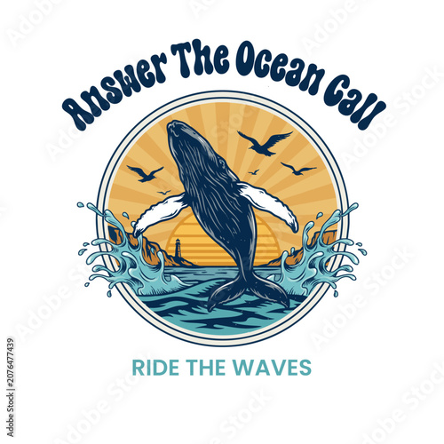 Obraz na płótnie Vintage Whale Ocean Adventure Typography T Shirt Design.