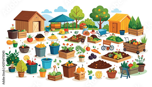 Variety of gardening tools and plants.