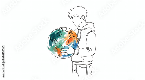 Continuous Line Art Boy Holding Watercolor Earth Globe Concept Illustration