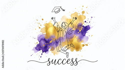 Happy Graduate Throwing Cap Success Continuous Line Art with Watercolor Splash Vector