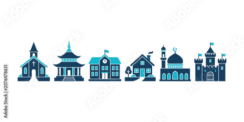 Fényképezés Various religious and cultural buildings in a vector graphic illustration includ