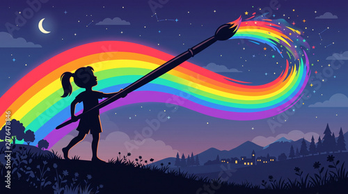 Silhouette of Little Girl Painting Magical Rainbow in Starry Night Sky Concept Illustration