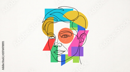 Abstract Minimalist Continuous Line Face Portrait with Colorful Geometric Shapes Illustration