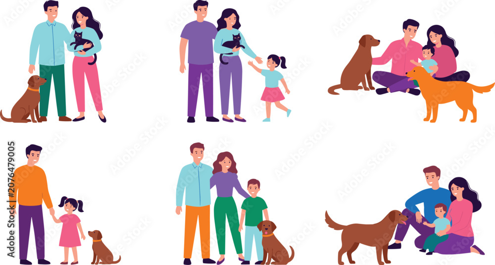 Fototapeta premium Happy family members with domestic pets vector illustration collection set isolated on white background