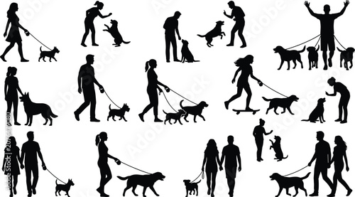Photos Set of people walking training and playing with dogs silhouettes isolated on whi