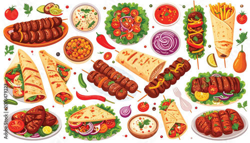 Variety of kebabs and sandwiches.