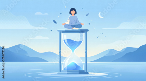 Woman Meditating on Top of Giant Hourglass Time Management and Mindfulness Concept Illustration