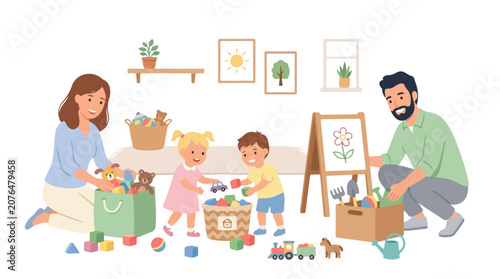A happy family including a mother, father, and two young children are shown tidying up their colorful playroom, putting various toys into storage bins.