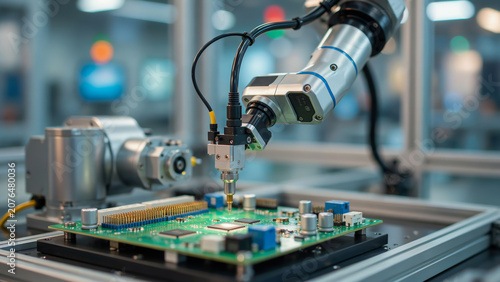 Industrial robot arm assembling car parts in factory