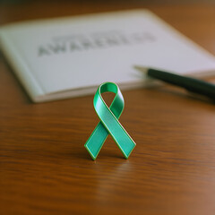 Green awareness ribbon symbolizing support and hope on a wooden table with a notebook
