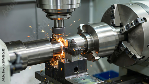 Industrial worker welding metal parts in factory with sparks