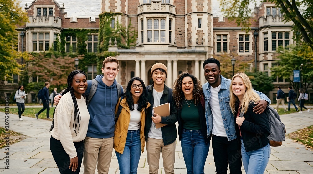 Fototapeta premium Seven students smile and stand close together in front of a large college building. They appear happy and are enjoying their time together on campus