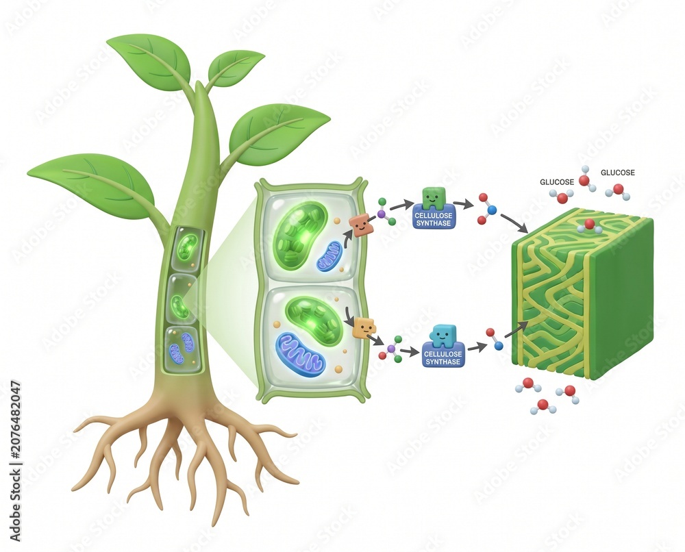 Fototapeta premium Biological process of photosynthesis and cellular respiration in green plant anatomy and molecular glucose production visualization