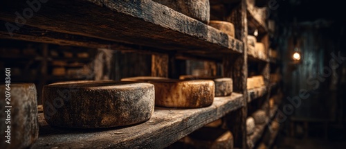 Aged cheese wheels on wooden shelves