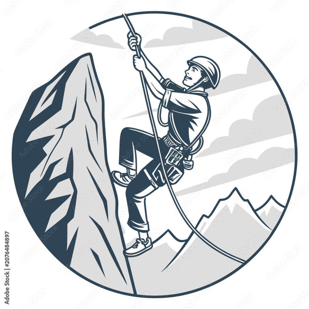 Wall Mural Mountaineer rappelling down sheer rock face with safety rope and helmet, extreme sports thrill and outdoor adventure, athletic person descending rugged terrain
