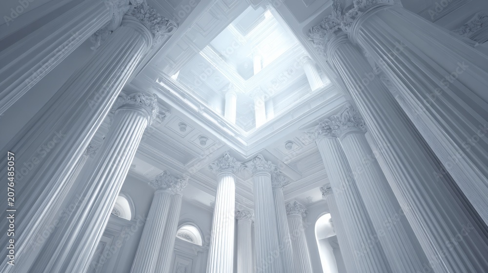 Fototapeta premium A grand and majestic hall with towering white columns and a luminous ceiling, evoking a sense of awe and spiritualism