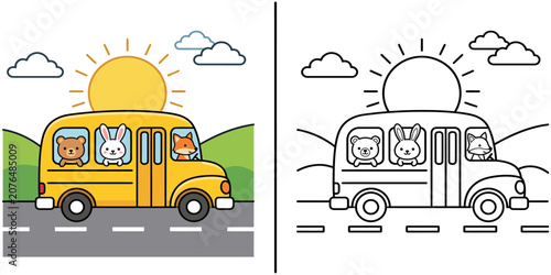 Obraz na plátně School bus with animal passengers color and blackline versions