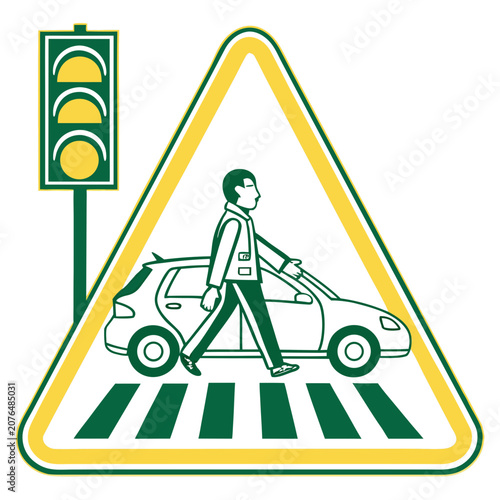 Traffic light signal and pedestrian crossing sign featuring person walking across street in green and yellow color scheme illustration for road safety and urban transportation infrastructure design.