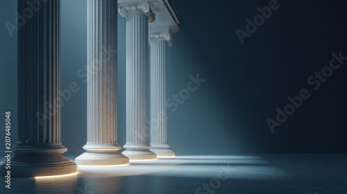 Row of imposing ancient Greek columns, bathed in dramatic spotlight, suggesting strength, stability, and timeless architecture