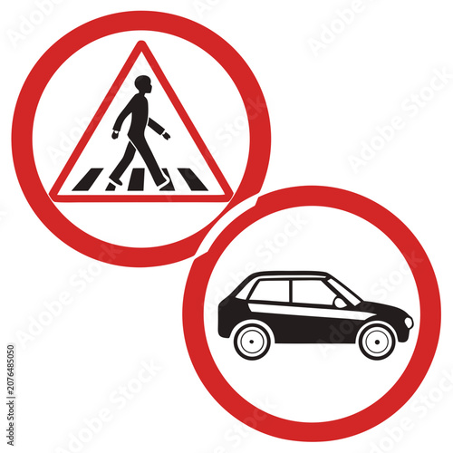Combined traffic signs, pedestrian crossing warning triangle and car prohibition circle, safety alert graphic illustration.