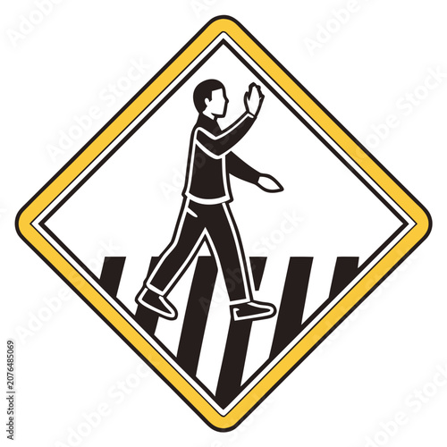 Pedestrian crossing warning sign with person walking and bold yellow border diamond shape, traffic safety symbol graphic.