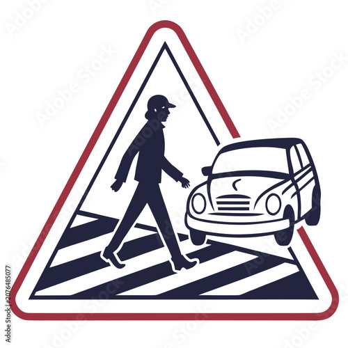Pedestrian crossing warning sign with car and person walking on crosswalk, triangle red border, traffic awareness graphic.
