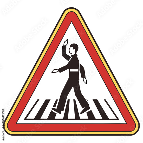 Red and yellow pedestrian crossing traffic warning sign displays person walking across zebra crossing with car indicating attention needed for drivers and pedestrians for safety on road.