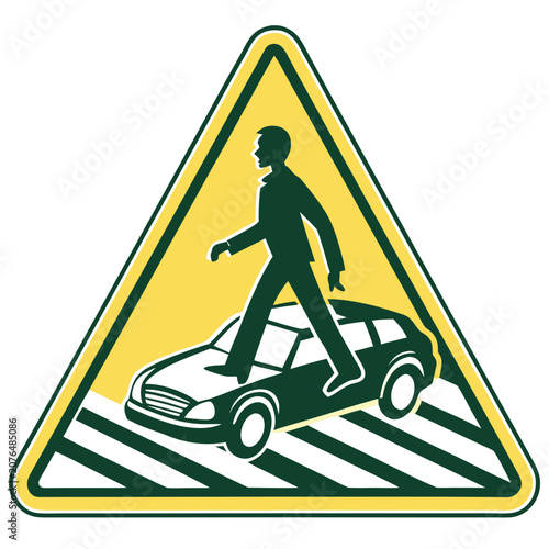 Pedestrian crossing advisory sign with yellow background and green border shows person walking over car on zebra crossing highlighting caution and road hazard for drivers and pedestrians safety.