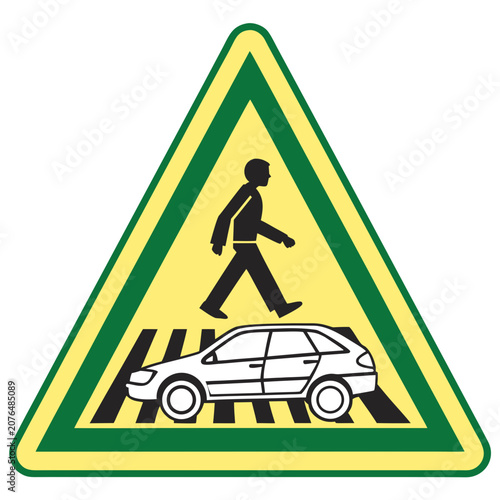 Green and yellow pedestrian crossing warning sign with silhouette of person walking across zebra crossing and car driving on road indicating caution for drivers and pedestrian safety ahead.