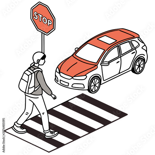 Pedestrian crossing scene with person walking and car approaching a stop sign at intersection illustration for road safety awareness and traffic rules education for drivers and public.