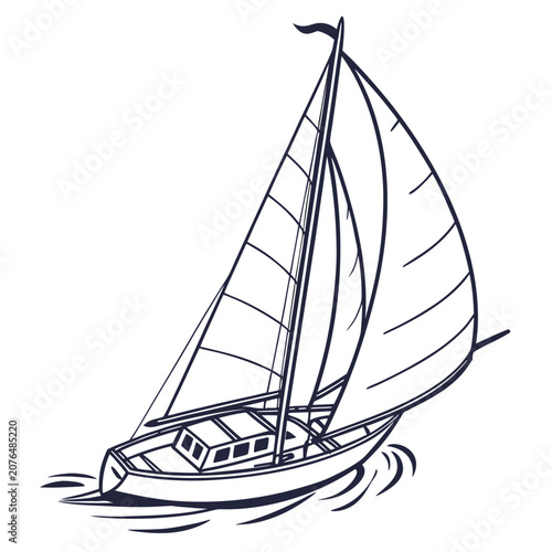 Sailboat floating on rippling sea water vector line art illustration isolated on white background with minimalist sketch style features showing luxury maritime transport vessel during summer voyage.