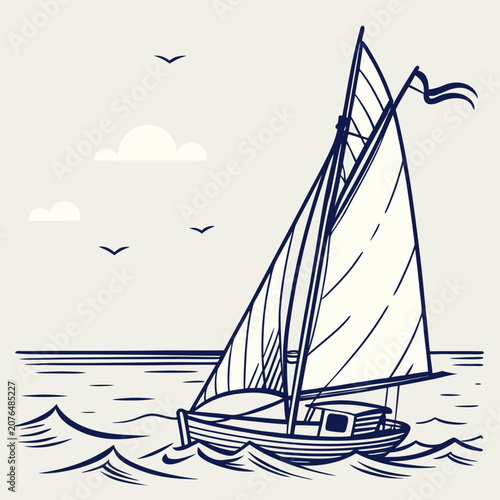Sailboat sailing on calm ocean water vector illustration with flying birds and clouds in blue minimalist line art style design elements isolated on light cream background for nautical themed graphics.