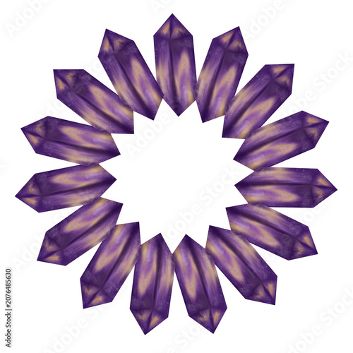 Elegant amethyst crystal wreath with purple gemstones arranged in a circular design. Decorative frame with copy space for invitations, branding, posters, social media, and creative projects