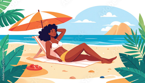 Woman Relaxing on Beach Towel Under Umbrella.