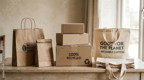 Eco friendly reusable shopping bags and recycled cardboard boxes on wooden table