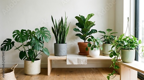 Several potted plants on a bench and table by a window in a room