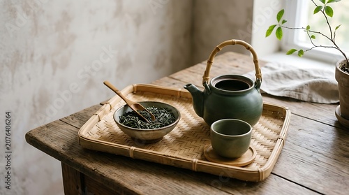 A green tea set on a wooden tray with a bowl of leaves