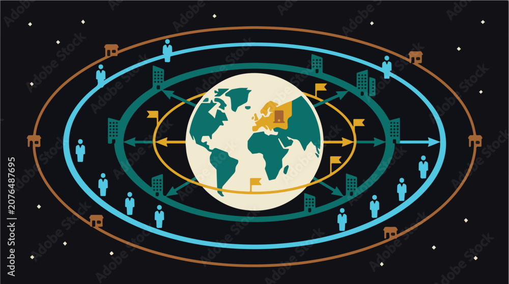 Fototapeta premium Surreal Business Global Expansion Orbit Showing Company Growth Across International Markets — Flat Vector for International Business, Growth, and Strategy