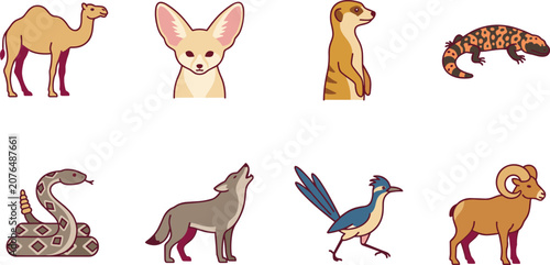 Foto Desert Animals Vector Icon Set featuring Camel, Fennec Fox, Rattlesnake, Coyote,