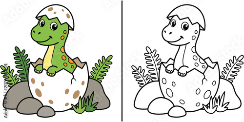 Baby dinosaur hatching from egg color and black and white versions