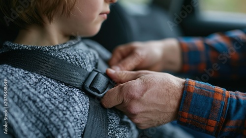 Parent fastening child?s seat belt in car interior