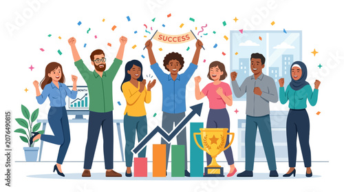 Diverse Business Team Celebrating Success with Trophy and Confetti