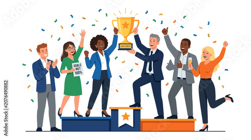 Diverse business team celebrating victory with trophy, confetti falling, achieving success