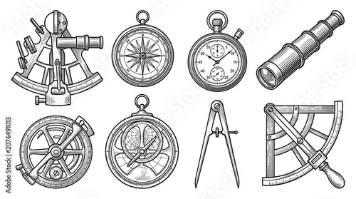 Foto Nautical Navigation Tools: Sextant, Compass, Chronometer, Telescope, Protractor