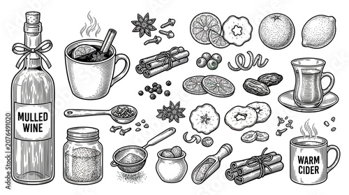 Quadro su tela Mulled Wine and Warm Cider Ingredients: Hand-Drawn Illustration